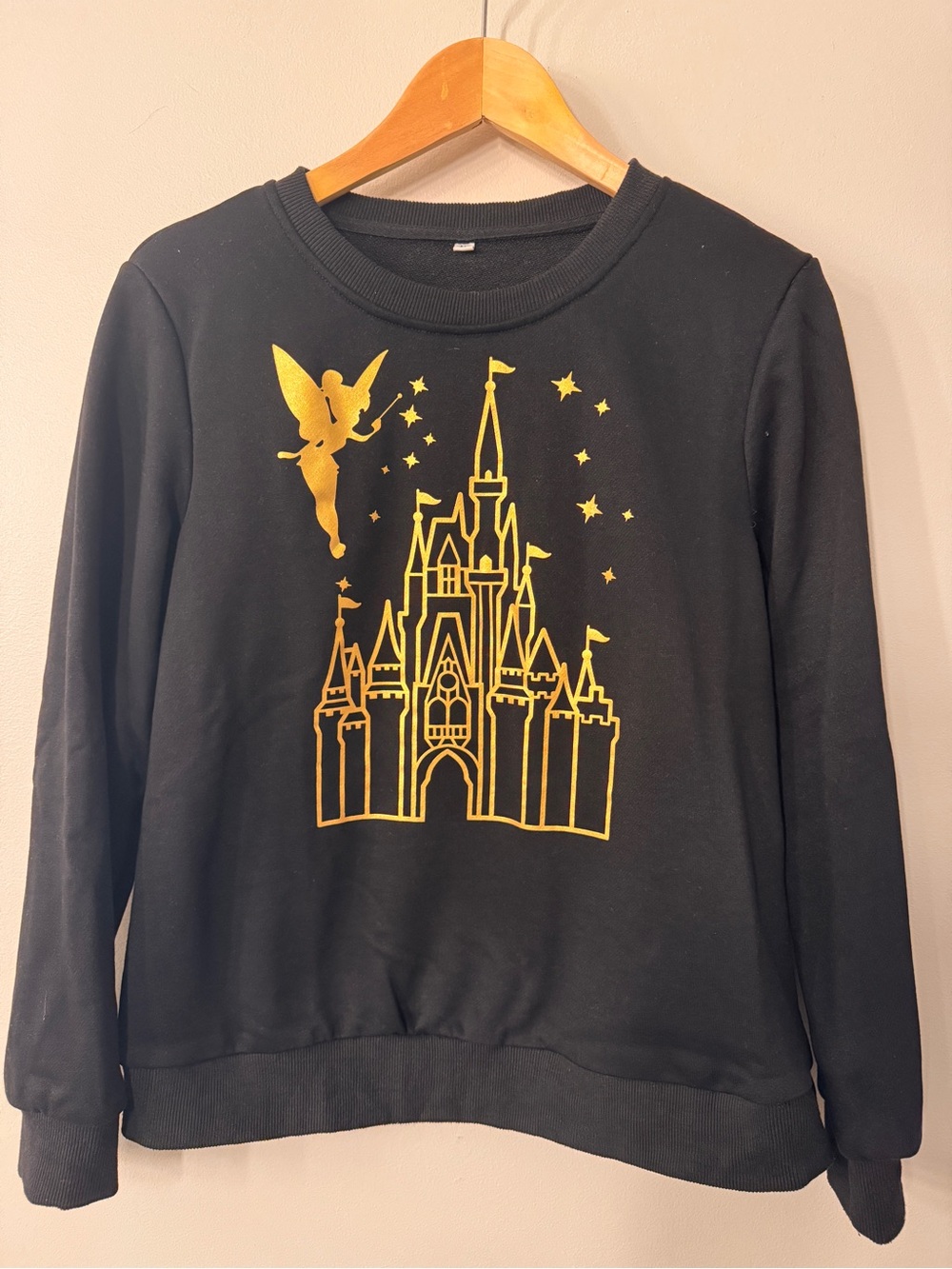 Women’s Black Disney Sweatshirt with Gold Castle & Fairy Graphic Medium
